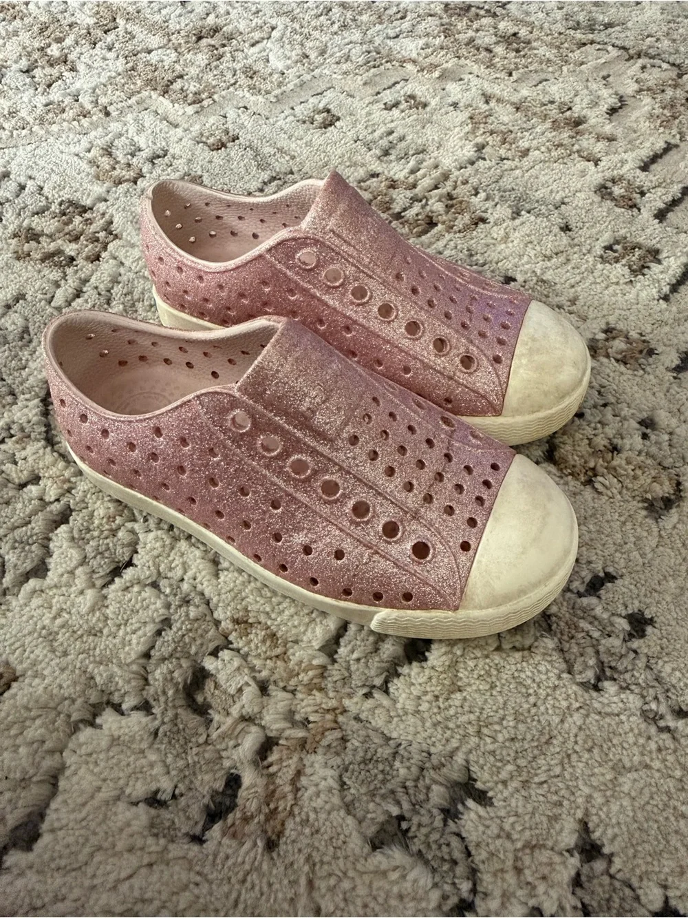 Native Shoes Kids Glitter Slip-On Sneakers in Rose Pink with Cream Toe